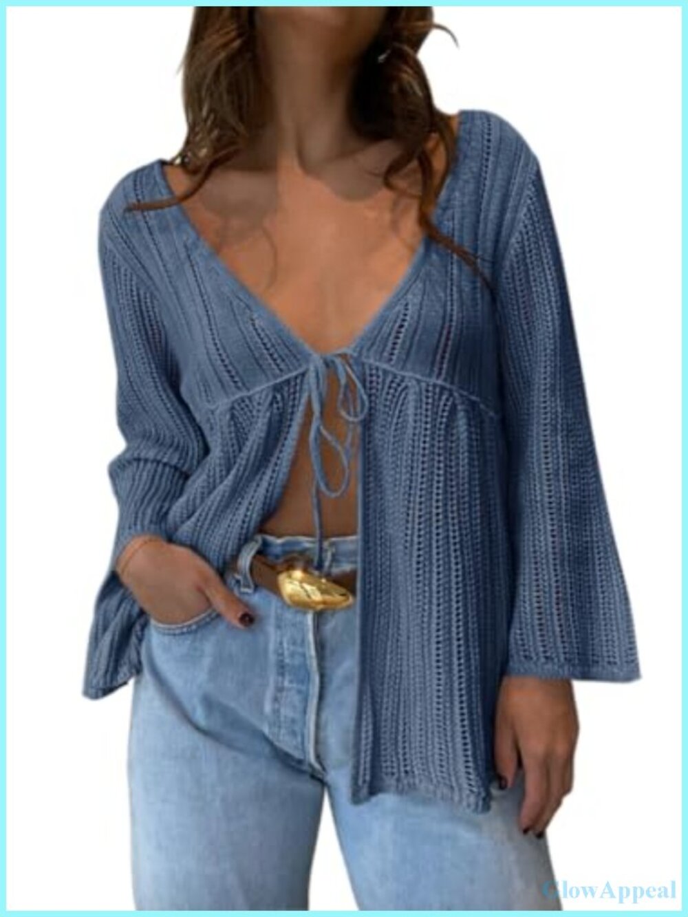 Women's Crochet Knit Tie Front Cardigan V Neck Long Bell Sleeve Beach Cover Up